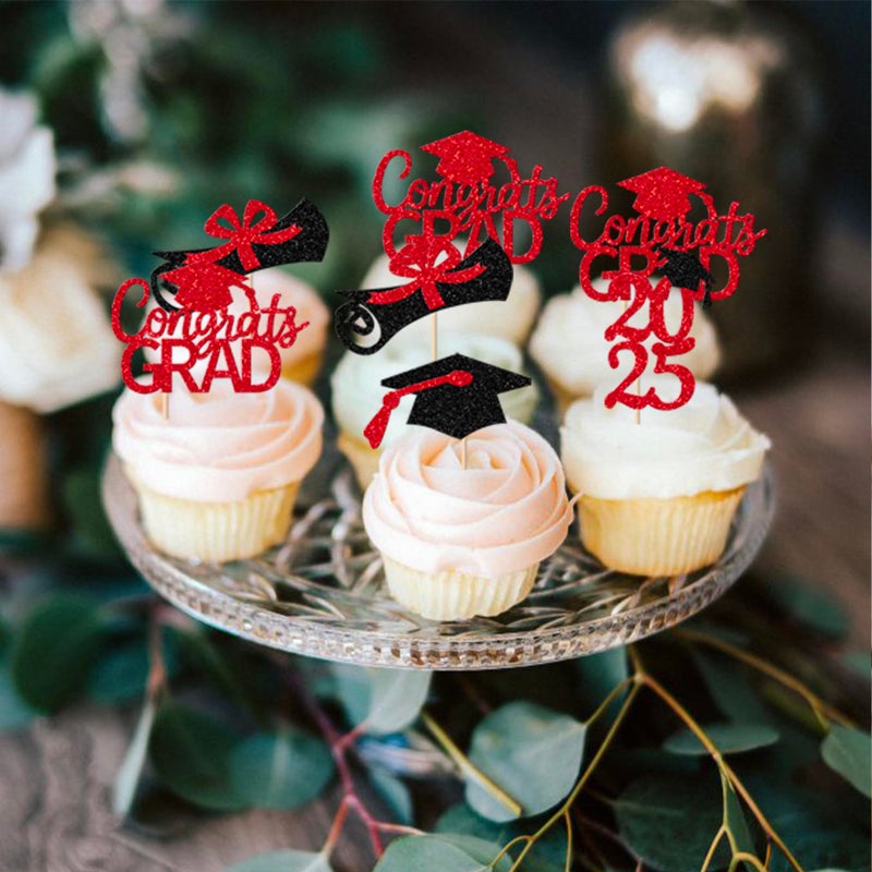 RSSTARXI 36 Pack 2025 تخرج موضوع Cupcake Toppers Glitter 2025 Cap Cap Diploma Cupcake Congrats Grad 2025 Cake Decorations for 2025 Tervement Thief Supplies Red Red - Image 3
