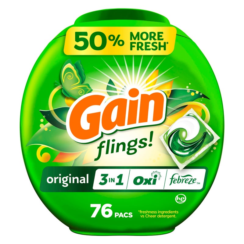 Gain Flings Laundry Detergent Pacs, 76 Count, Original Scent, with Odor Defense, concentrated laundry soap pacs - Image 1