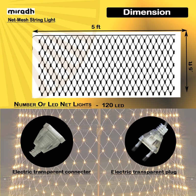 MIRADH Led Net Mesh String Lights - Diwali Lights for Decoration for Home Diwali Lights for Home Decoration led Lights for Ganesh Puja 5ft x 5ft 120 LEDs (8 Mode Warm-White) - Image 2