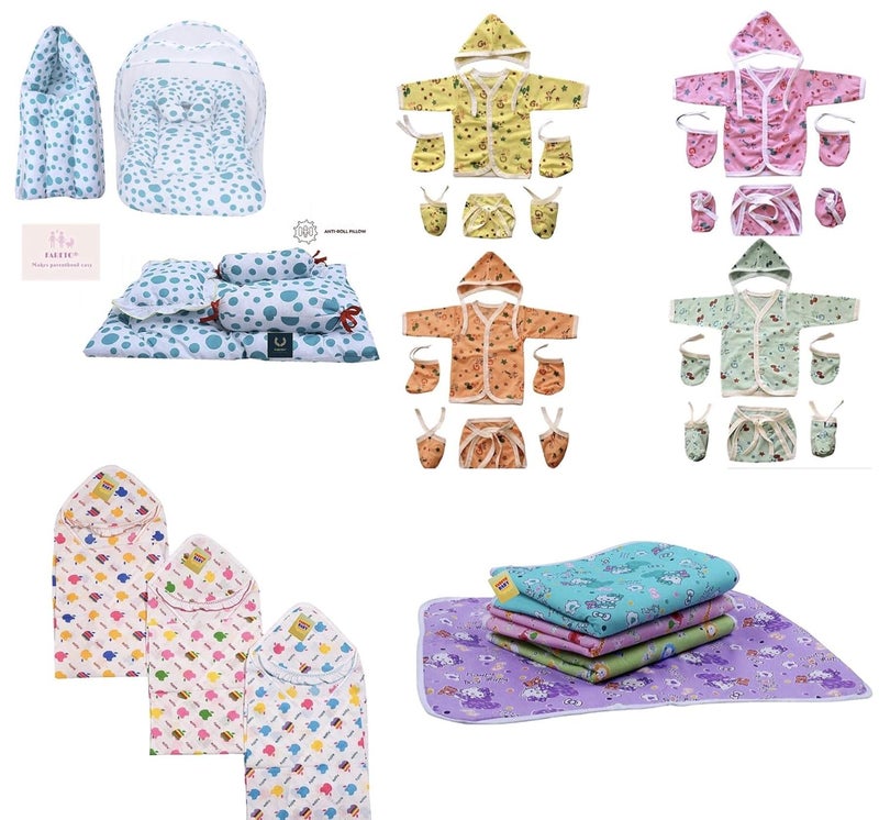 FARETO مجموعة فاريتو بيبيز 34 في 1 من مستلزمات اليومية في حزمة واحدة متعددة الألوان مجموعة 34 قطعة باللون الأزرق المنقط - Image 1