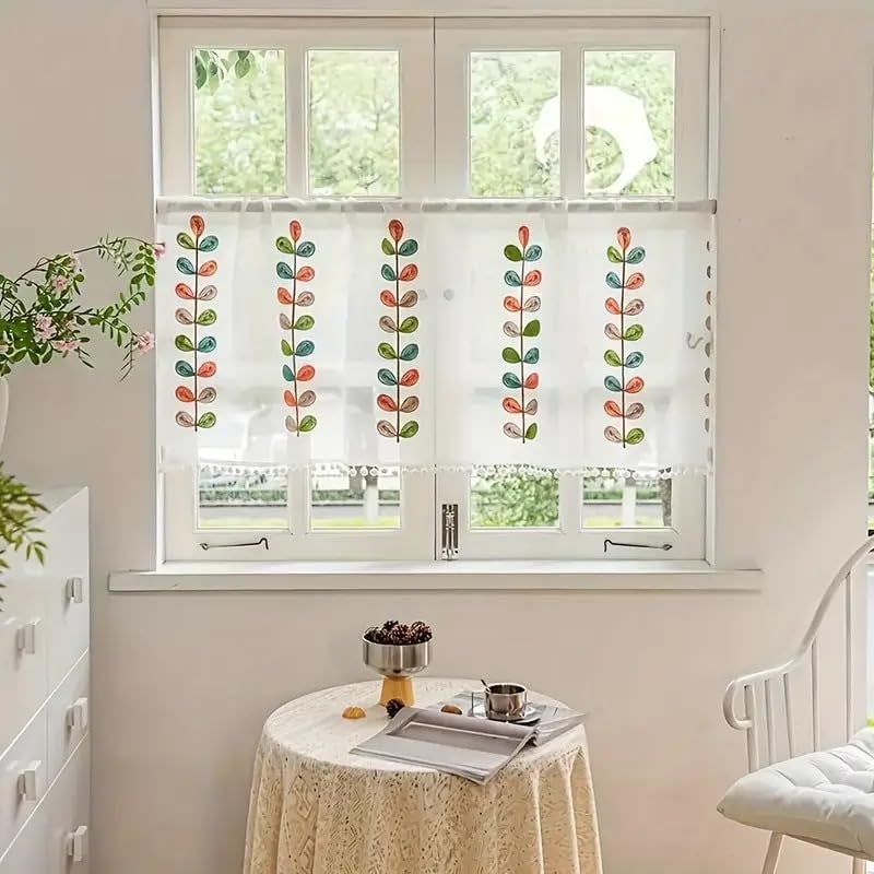 ANSHMJIMN Short Curtain for Small Window Colorful Leaves Embroidery White Voile Tulle Transparent Sheer Cabinet Curtain Door Curtain Window Treatment Valance Half Tier Curtain for Kitchen Bedroom