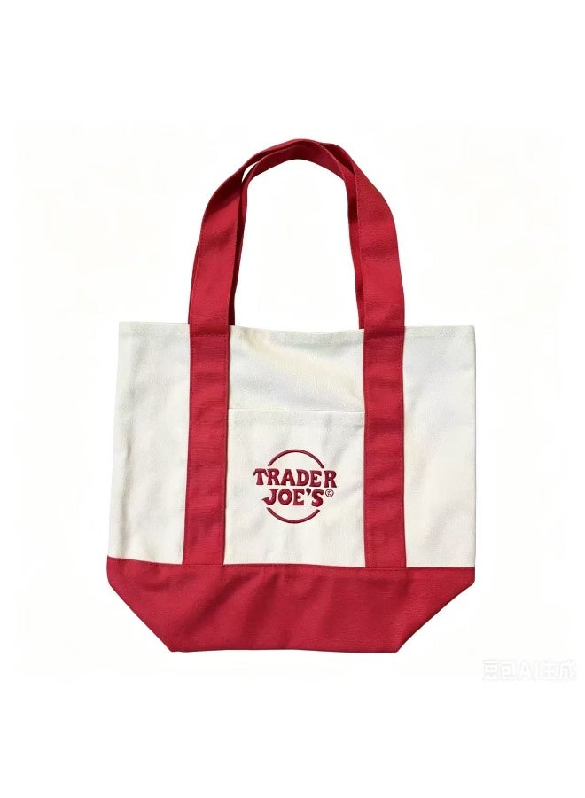 Trader Joe's Medium Canvas Reusable Grocery Shoulder Tote Bag with Blank Surface for Personal DIY Painting Sticker Decorations- Red - Image 1