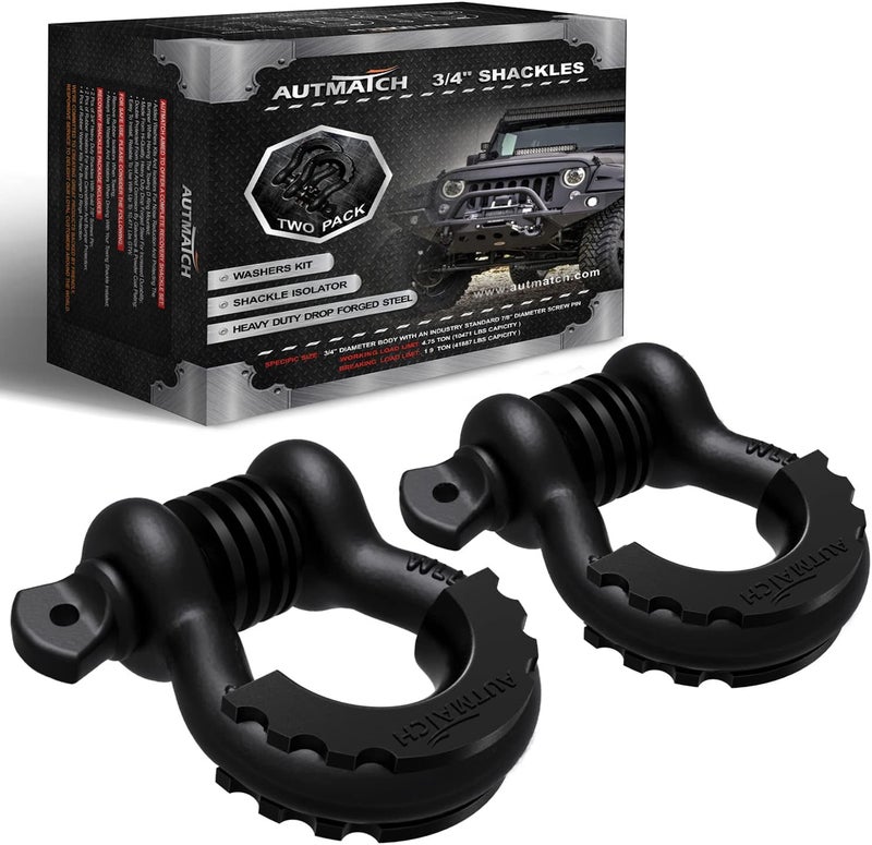 AUTMATCH D Ring Shackle 3/4" Shackles (2 Pack) 41,887Ibs Break Strength with 7/8" Screw Pin and Shackle Isolator Washers Kit for Tow Strap Winch Off Road Vehicle Recovery, Matte Black - Image 1