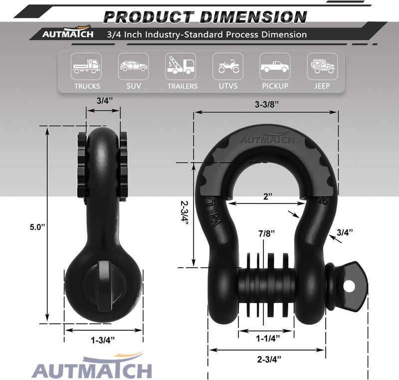 AUTMATCH D Ring Shackle 3/4" Shackles (2 Pack) 41,887Ibs Break Strength with 7/8" Screw Pin and Shackle Isolator Washers Kit for Tow Strap Winch Off Road Vehicle Recovery, Matte Black - Image 3