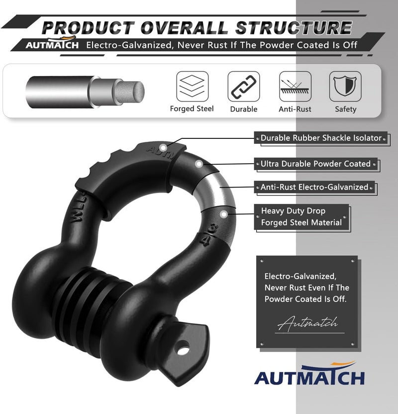 AUTMATCH D Ring Shackle 3/4" Shackles (2 Pack) 41,887Ibs Break Strength with 7/8" Screw Pin and Shackle Isolator Washers Kit for Tow Strap Winch Off Road Vehicle Recovery, Matte Black - Image 4
