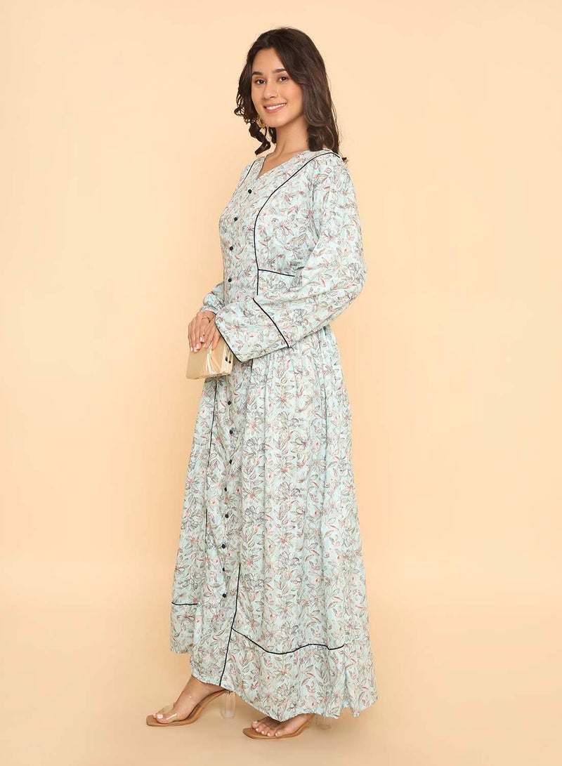 HANA & SARA Elegant pale blue printed arabic jalabiya dress for womens - Image 5