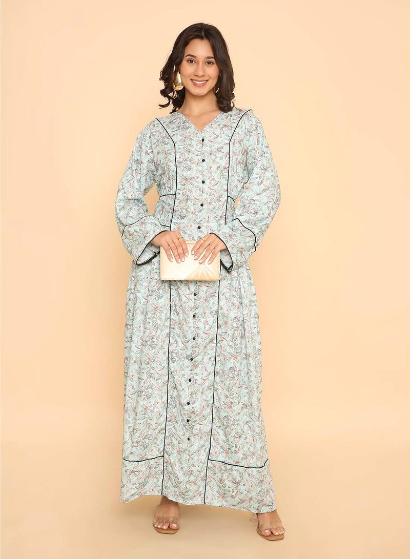 HANA & SARA Elegant pale blue printed arabic jalabiya dress for womens - Image 1
