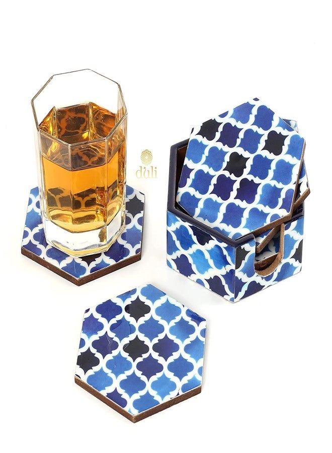 DULI Set of 6 MDF Wood Enamel Coated Coaster Set |Coasters with Stand | Tea Coaster Set for Serving Chai Coaster Printed Coasters Resin Coaster (10 * 10 cm) (EnamelCoaster-6SidedBluePaan) - Image 2