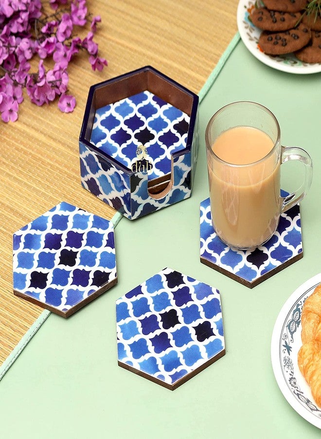 DULI Set of 6 MDF Wood Enamel Coated Coaster Set |Coasters with Stand | Tea Coaster Set for Serving Chai Coaster Printed Coasters Resin Coaster (10 * 10 cm) (EnamelCoaster-6SidedBluePaan) - Image 1