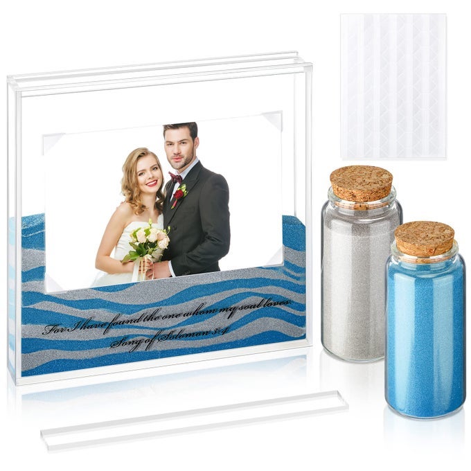 SAND CEREMONY KIT FOR WEDDING INCLUDES CLEAR ACRYLIC UNITY SAND CEREMONY PHOTO FRAME 2 PACK PHOTO FIXING CORNER STICKERS AND 2 GLASS UNITY HOLDER FOR WEDDING HOME DECORBLUE GRAY
