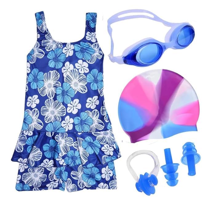Wetex Premium Girls Swimming Kit with Swimming Costume Swimming Goggles Silicone Swimming Cap 1 Nose Clip 2 Ear Plugs -Grey (6-7 Years) - Image 1