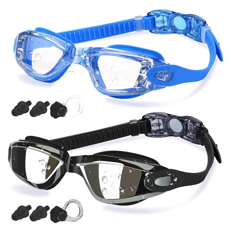 COOLOO Swim Goggles Men, 2 Pack Swimming Goggles for Women Kids Adult Anti-Fog,Black & Blue - Image 1