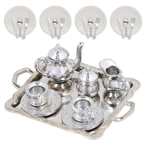 HOMICO 24 Pieces 112 Miniature Tea Set Metal Mini Teapot Tiny Tea Cup Mini Doll Plates Knife Fork Spoon Miniature Dollhouse Accessories for Dollhouse - Image 1
