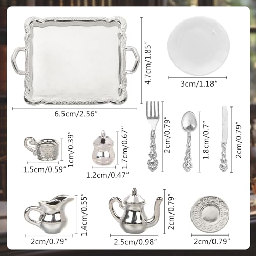 HOMICO 24 Pieces 112 Miniature Tea Set Metal Mini Teapot Tiny Tea Cup Mini Doll Plates Knife Fork Spoon Miniature Dollhouse Accessories for Dollhouse - Image 5