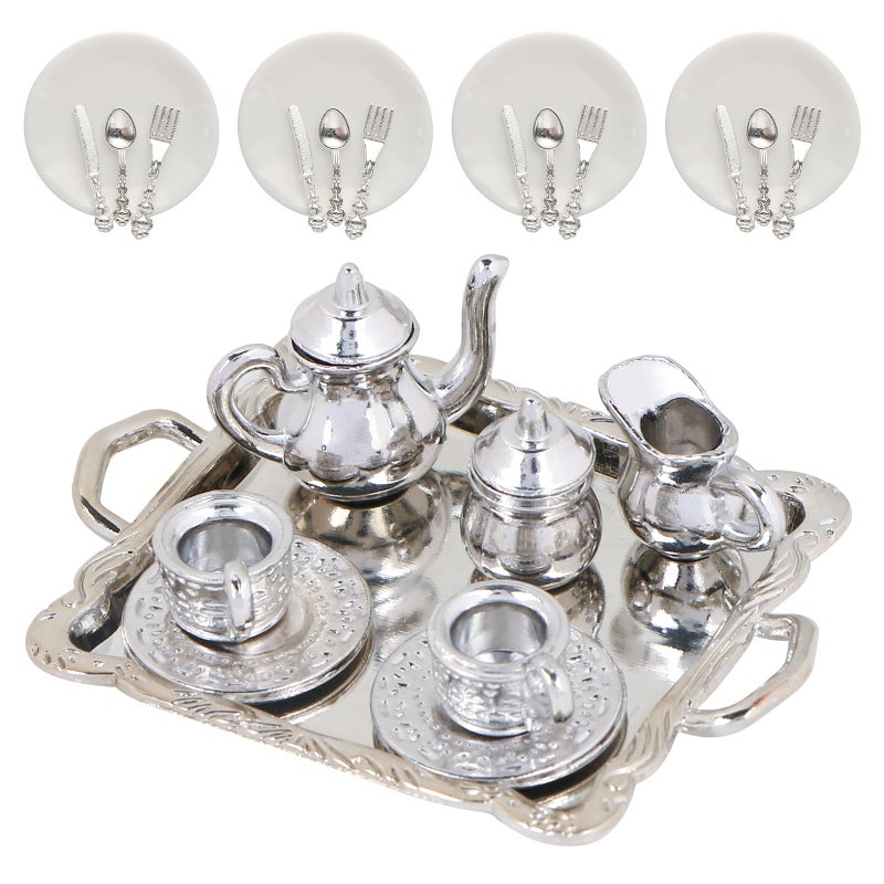 HOMICO 24 Pieces 112 Miniature Tea Set Metal Mini Teapot Tiny Tea Cup Mini Doll Plates Knife Fork Spoon Miniature Dollhouse Accessories for Dollhouse - Image 3