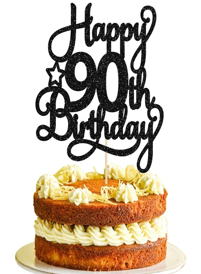 Ephlyn 1 Pack Happy 90th Birthday Cake Topper Black Glitter 90 & Fabulous Cheers to 90 Years Old Birthday Cake Pick for Celebrating 90th Birthday Anniversary Party Cake Decorations Supplies - Image 1