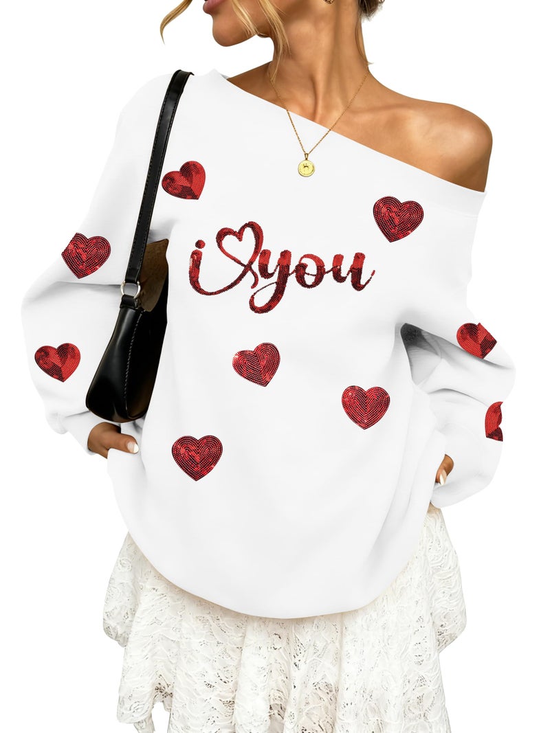 BANGELY Valentines Off Shoulder Sweatshirt Women Love Heart Long Sleeve Shirt Casual Oversized Sweatshirts Fashion Sequin Top - Image 1