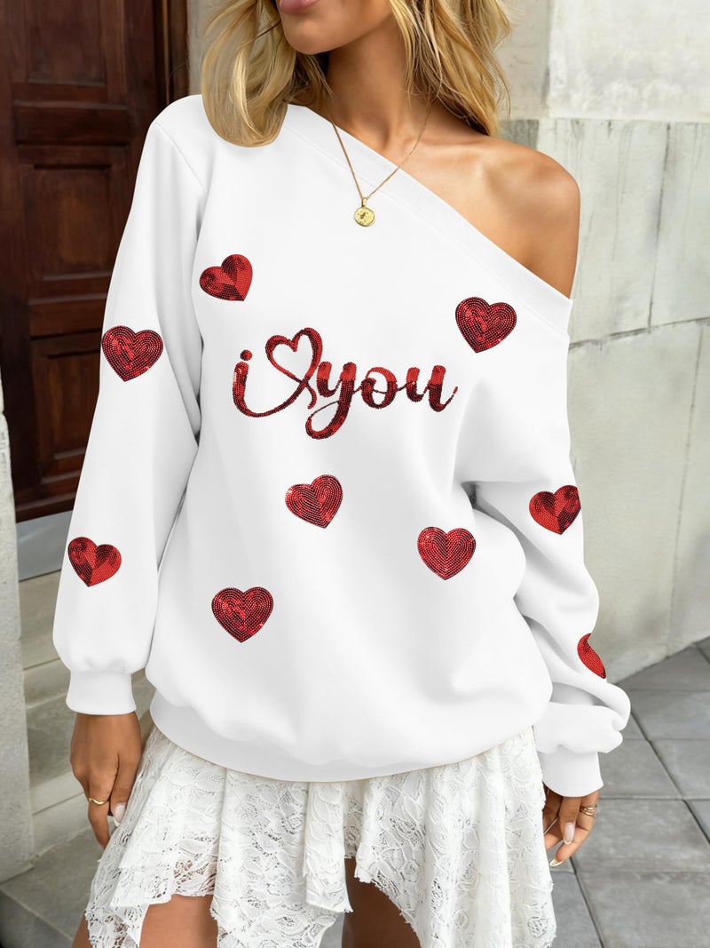BANGELY Valentines Off Shoulder Sweatshirt Women Love Heart Long Sleeve Shirt Casual Oversized Sweatshirts Fashion Sequin Top - Image 3