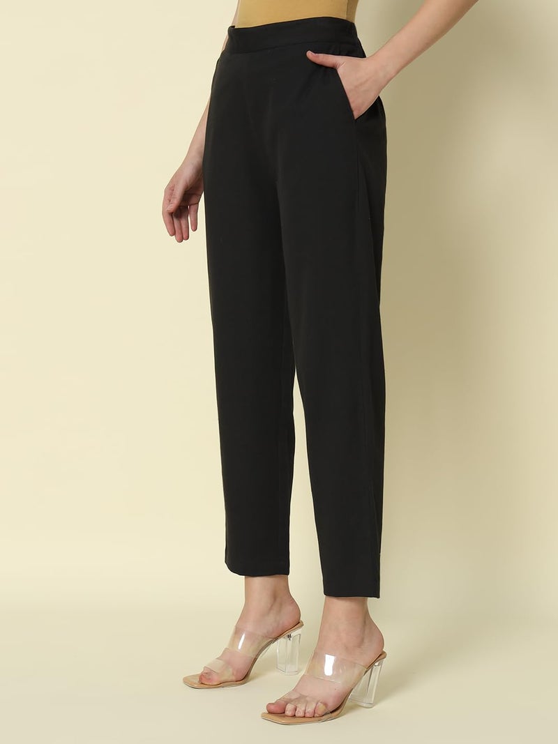 FIORRA Women's Black Cotton Solid Pant BTM004 - Image 4