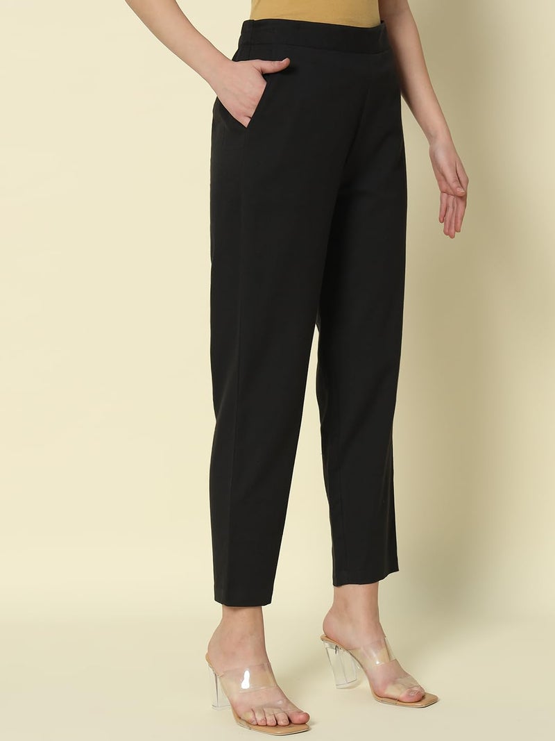 FIORRA Women's Black Cotton Solid Pant BTM004 - Image 3