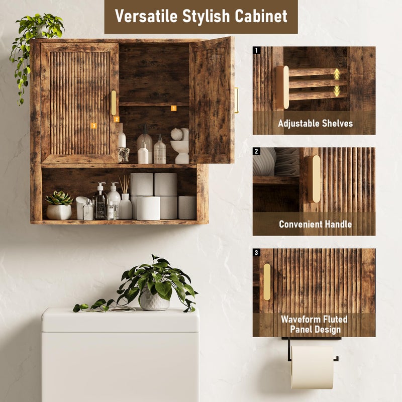 INNOD Bathroom Wall Cabinet, Wall-Mounted Medicine Cabinet with Adjustable Wood Shelf & Doors, Floating Bathroom Cabinet Over Toilet for Laundry Room & Kitchen & Living Room (Retro) - Image 3