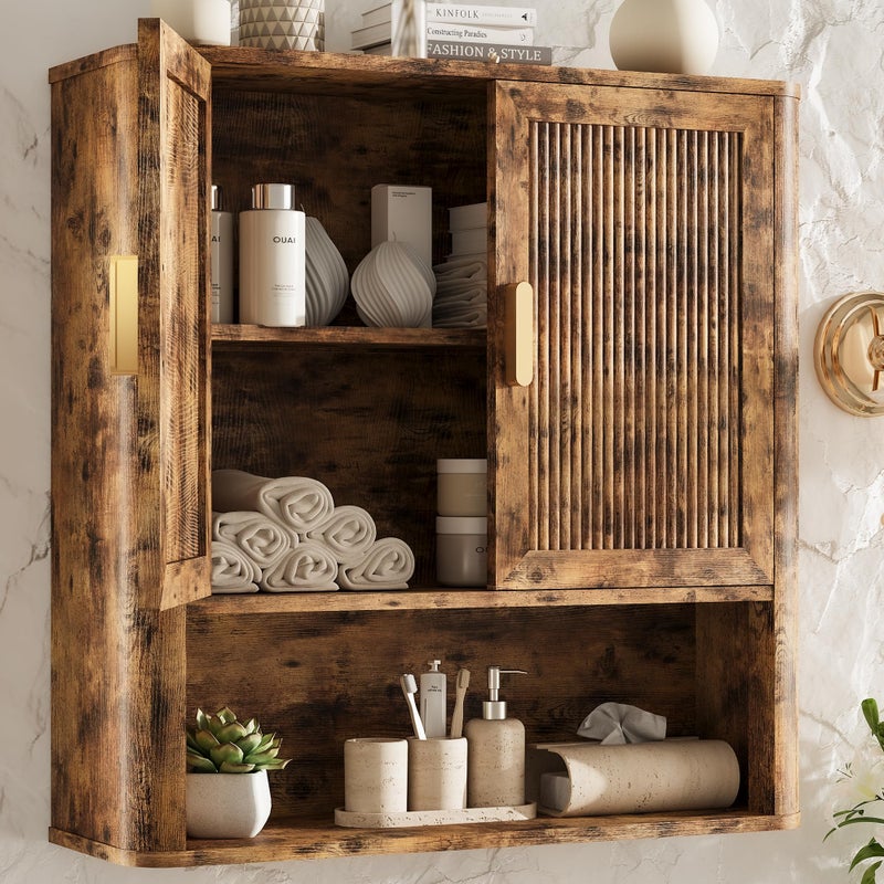 INNOD Bathroom Wall Cabinet, Wall-Mounted Medicine Cabinet with Adjustable Wood Shelf & Doors, Floating Bathroom Cabinet Over Toilet for Laundry Room & Kitchen & Living Room (Retro) - Image 1
