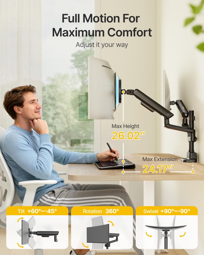 monTEK Dual Tall Monitor Arm with USB, Mechanical Spring Monitor Arm for 17-35" Screens, Adjustable Monitors Desk Mount Each Holds up to 24.2 lbs with C Clamp/Grommet, VESA 75/100mm, MA1011UCPBK-D - Image 5