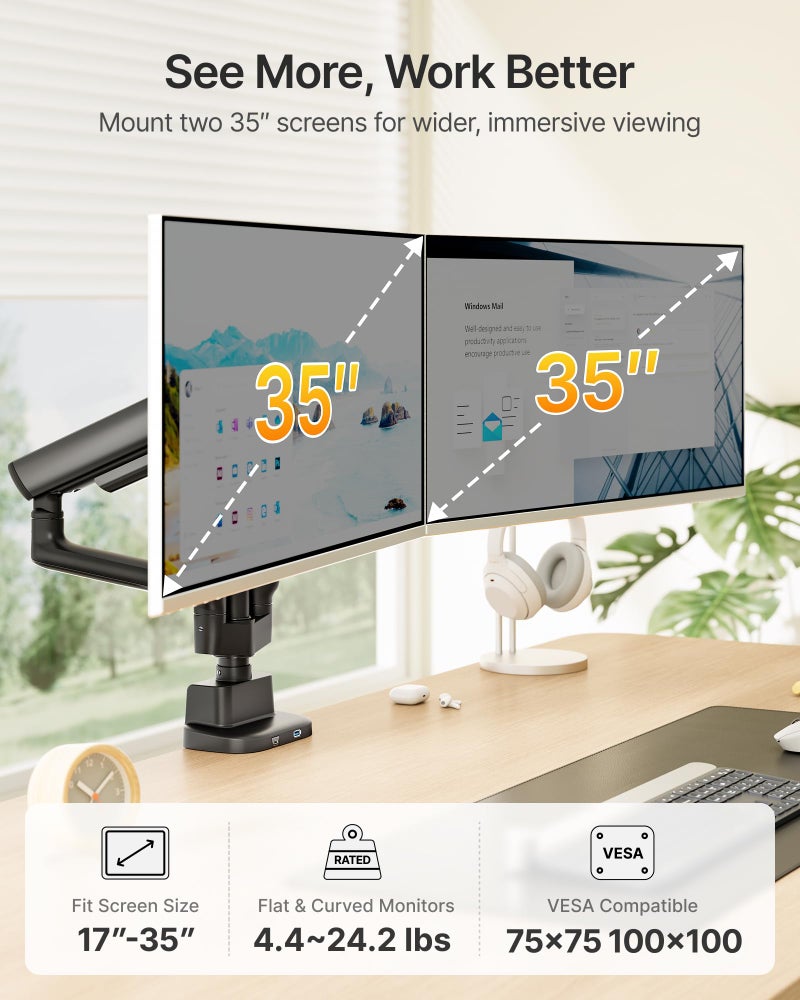 monTEK Dual Tall Monitor Arm with USB, Mechanical Spring Monitor Arm for 17-35" Screens, Adjustable Monitors Desk Mount Each Holds up to 24.2 lbs with C Clamp/Grommet, VESA 75/100mm, MA1011UCPBK-D - Image 2