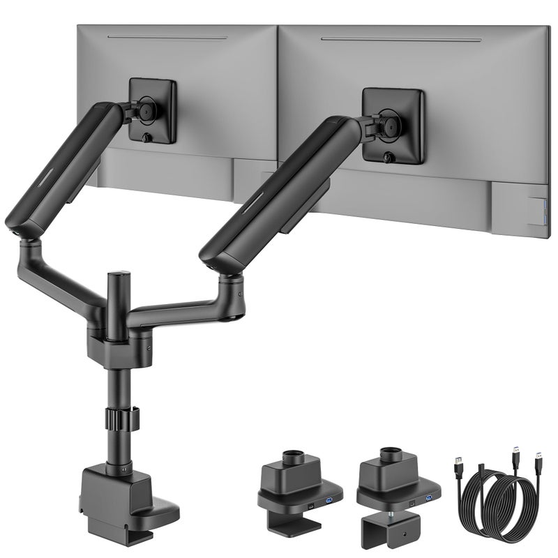 monTEK Dual Tall Monitor Arm with USB, Mechanical Spring Monitor Arm for 17-35" Screens, Adjustable Monitors Desk Mount Each Holds up to 24.2 lbs with C Clamp/Grommet, VESA 75/100mm, MA1011UCPBK-D - Image 1