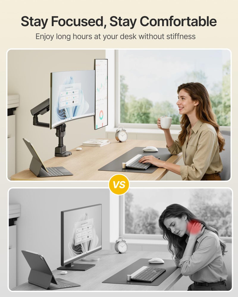 monTEK Dual Tall Monitor Arm with USB, Mechanical Spring Monitor Arm for 17-35" Screens, Adjustable Monitors Desk Mount Each Holds up to 24.2 lbs with C Clamp/Grommet, VESA 75/100mm, MA1011UCPBK-D - Image 4