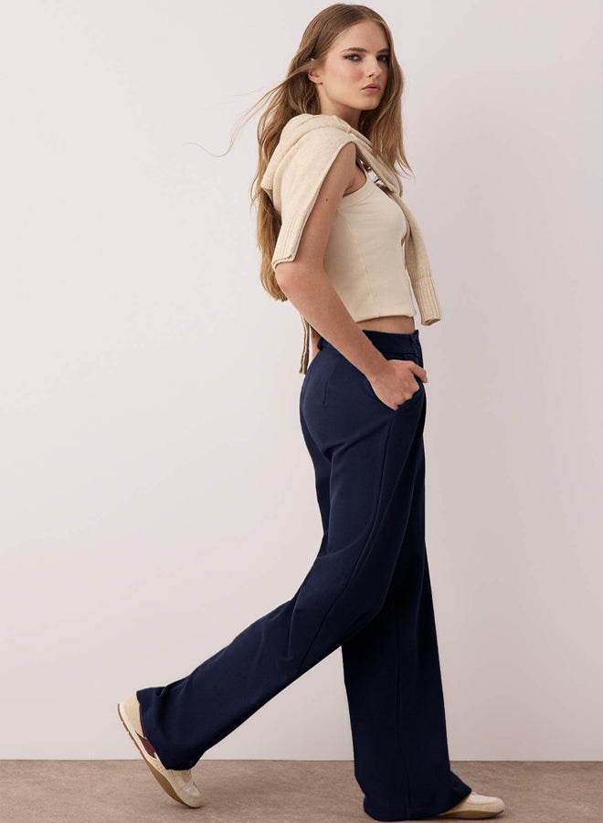 trendyol Dark Navy Pleated Wide Leg Trousers - Image 2