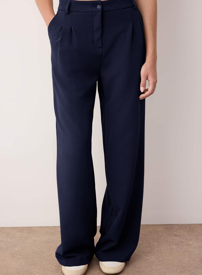 trendyol Dark Navy Pleated Wide Leg Trousers - Image 3