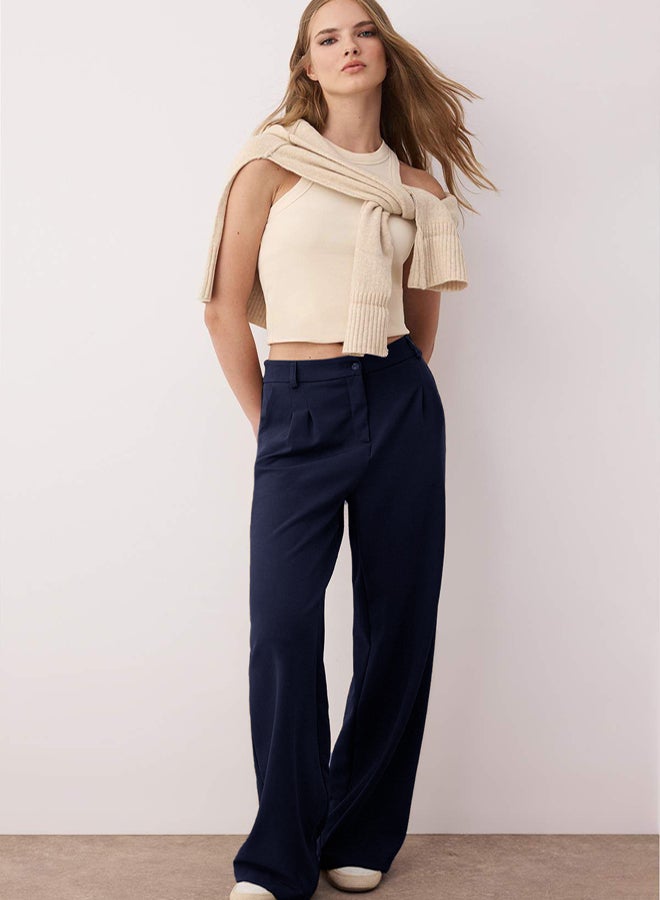 trendyol Dark Navy Pleated Wide Leg Trousers - Image 1