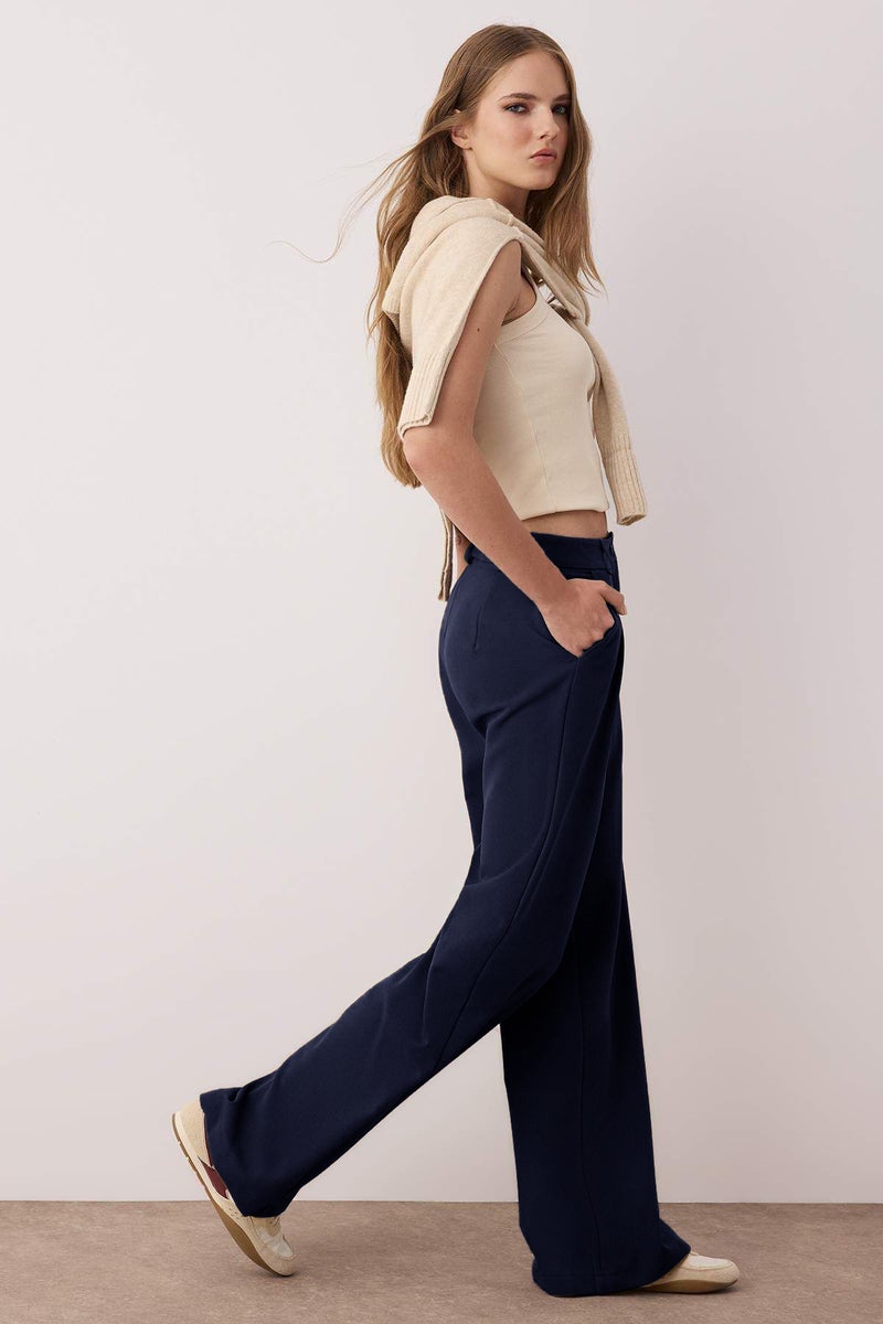 trendyol Dark Navy Pleated Wide Leg Trousers - Image 2