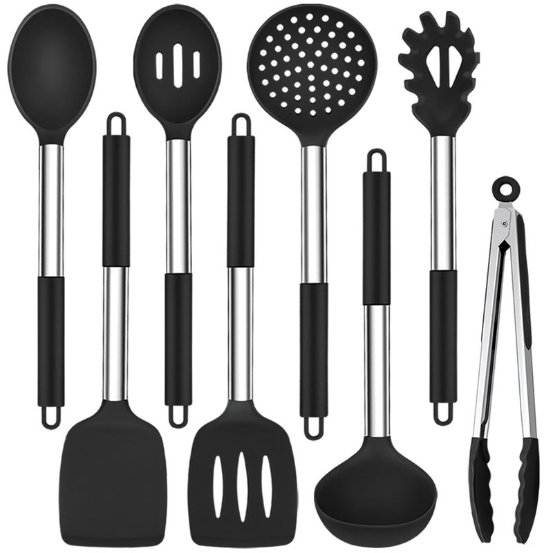 TeamFar TeamFar Kitchen Utensils Set of 8 Silicone Utensils Kitchen Tools Set with Stainless Steel Handle for Frying Serving Flipping Draining Nontoxic  Heatproof Nonstick  Dishwasher Safe  Black