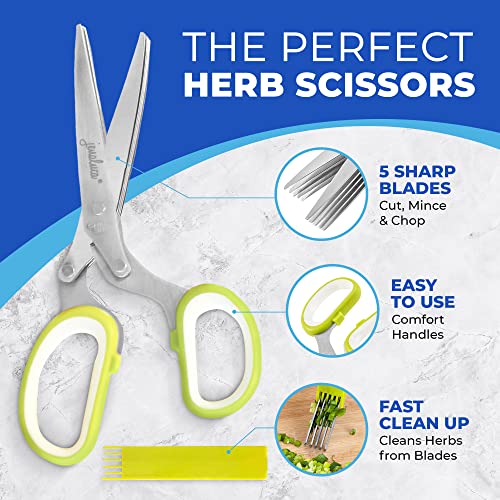Jenaluca 5 Blade Herb Scissors - Cut & Chop Fresh Herbs & Leafy Greens - Salad Scissors - Stainless Steel Kitchen Shear Set with Cleaning Comb & Safety Cover - Kitchen Gadget - Green - Image 2