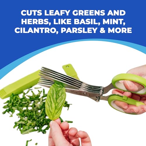 Jenaluca 5 Blade Herb Scissors - Cut & Chop Fresh Herbs & Leafy Greens - Salad Scissors - Stainless Steel Kitchen Shear Set with Cleaning Comb & Safety Cover - Kitchen Gadget - Green - Image 4