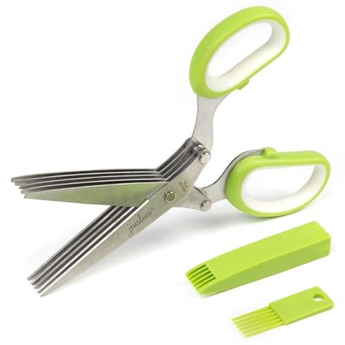 Jenaluca 5 Blade Herb Scissors - Cut & Chop Fresh Herbs & Leafy Greens - Salad Scissors - Stainless Steel Kitchen Shear Set with Cleaning Comb & Safety Cover - Kitchen Gadget - Green - Image 1