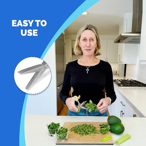 Jenaluca 5 Blade Herb Scissors - Cut & Chop Fresh Herbs & Leafy Greens - Salad Scissors - Stainless Steel Kitchen Shear Set with Cleaning Comb & Safety Cover - Kitchen Gadget - Green - Image 3