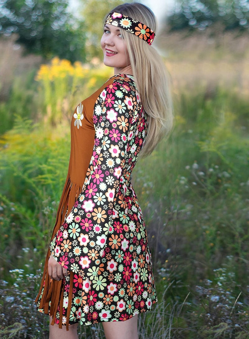 Excefore Women Hippie Costume Set Peace Sign Earring Necklace Headband Disco Dress Ankle Socks, XL - Image 2