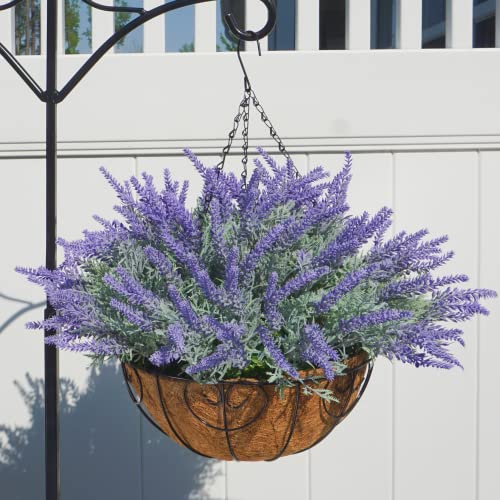 Ivydale Artificial Faux Outdoor Hanging Flowers Plants Basket for Porch Spring Decoration, 12 Bundlies Fake UV Resistant Lavender with Coconut Lining Baskets for Home Patio Balcony Yard - Image 1
