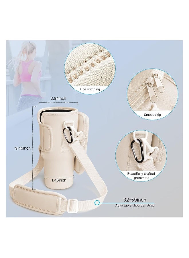 Generic Water Bottle Carrier Bag Compatible with Stanley 40 Oz Tumbler, Water Bottle Holder with Shoulder Strap and Phone Pocket, Bottle Accessories for Walking Hiking Travelling, Beige - Image 5