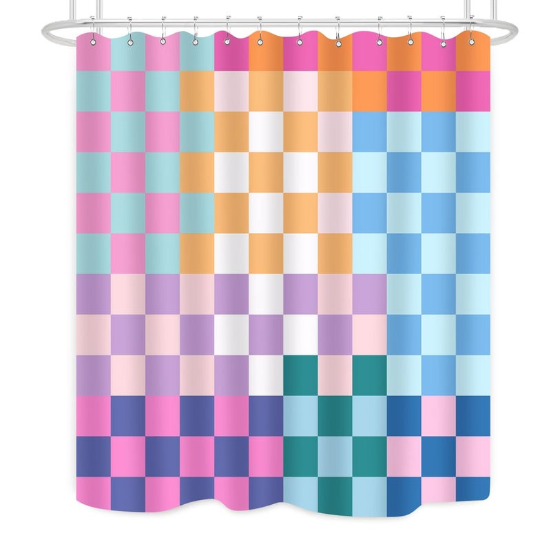 ZXMBF Retro Checkered Shower Curtain Colorful Geometric Modern Rainbow Minimalist Groovy Simple Bright Aesthetic Home Bathroom Decor Waterproof Fabric 72Lx60W Inch with Plastic 12PCS Hooks - Image 2