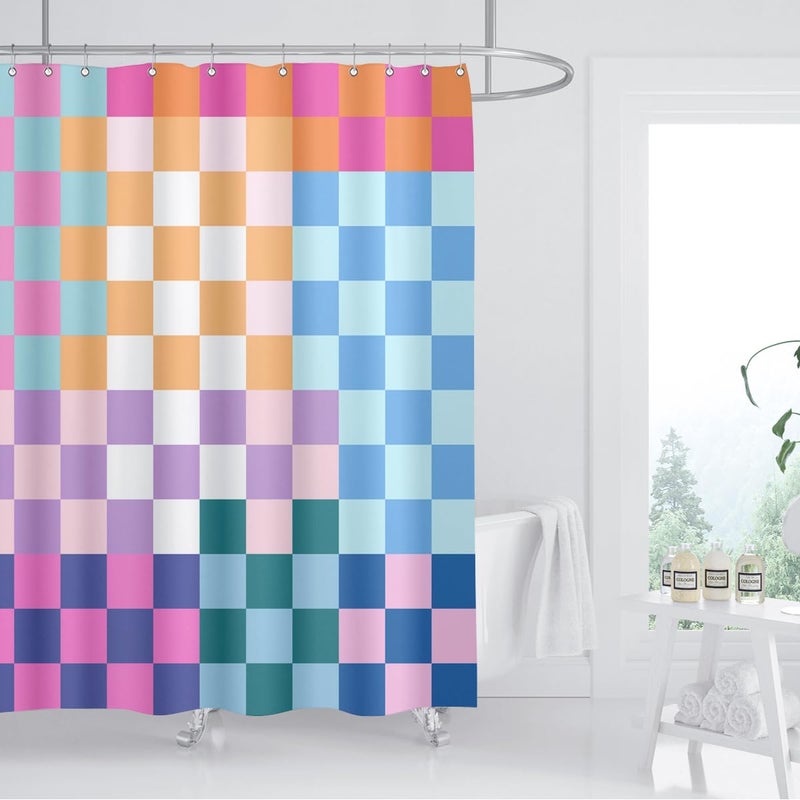 ZXMBF Retro Checkered Shower Curtain Colorful Geometric Modern Rainbow Minimalist Groovy Simple Bright Aesthetic Home Bathroom Decor Waterproof Fabric 72Lx60W Inch with Plastic 12PCS Hooks - Image 1