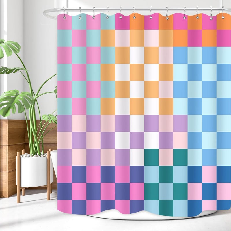 ZXMBF Retro Checkered Shower Curtain Colorful Geometric Modern Rainbow Minimalist Groovy Simple Bright Aesthetic Home Bathroom Decor Waterproof Fabric 72Lx60W Inch with Plastic 12PCS Hooks - Image 3