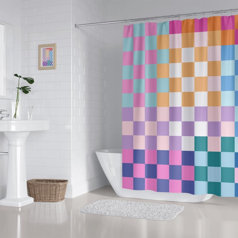 ZXMBF Retro Checkered Shower Curtain Colorful Geometric Modern Rainbow Minimalist Groovy Simple Bright Aesthetic Home Bathroom Decor Waterproof Fabric 72Lx60W Inch with Plastic 12PCS Hooks - Image 4