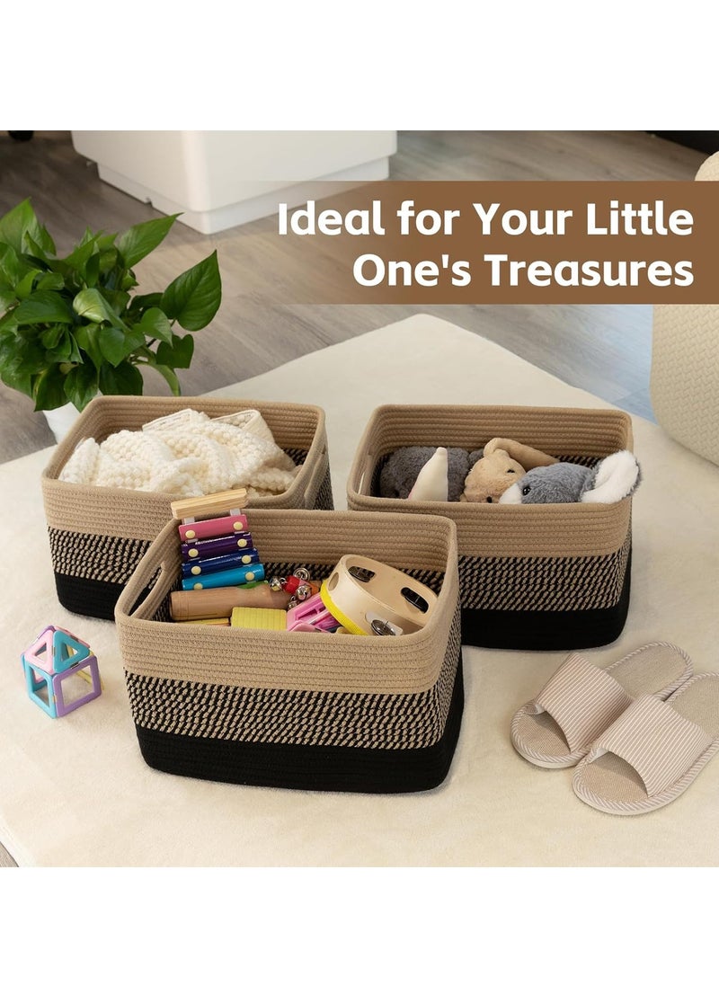 San Yi Storage Basket for Organizing, Woven Baskets for Storage, Hand-stitched，Rectangle Decorative Baskets for Shleves, Closet, Toys, Books, Towel Baskets for Bathroom - Pack of 3  (Black & Brown)  - Image 5