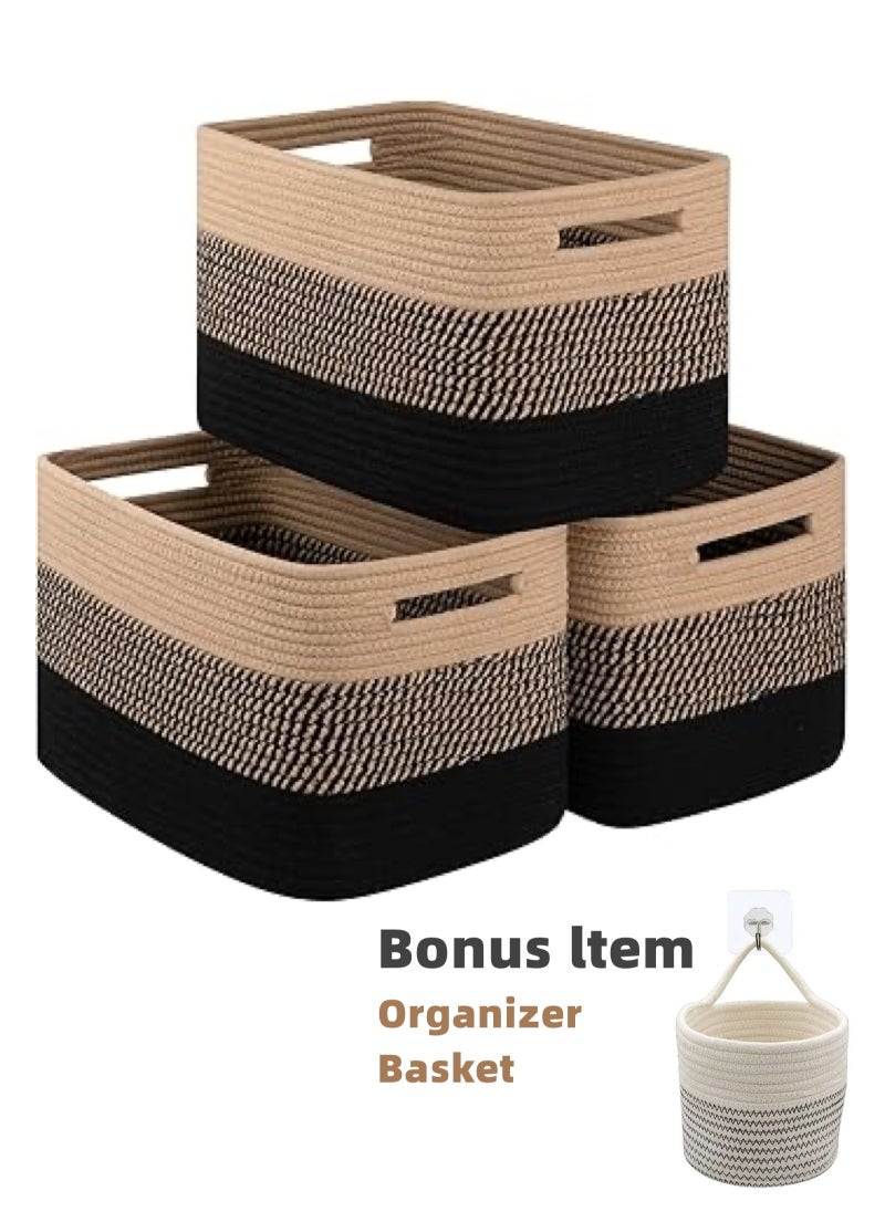 San Yi Storage Basket for Organizing, Woven Baskets for Storage, Hand-stitched，Rectangle Decorative Baskets for Shleves, Closet, Toys, Books, Towel Baskets for Bathroom - Pack of 3  (Black & Brown)  - Image 1