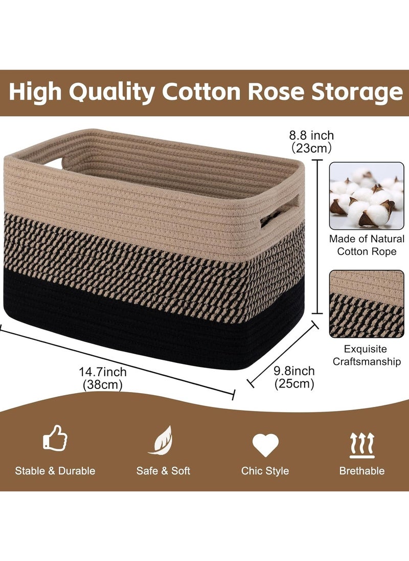 San Yi Storage Basket for Organizing, Woven Baskets for Storage, Hand-stitched，Rectangle Decorative Baskets for Shleves, Closet, Toys, Books, Towel Baskets for Bathroom - Pack of 3  (Black & Brown)  - Image 3