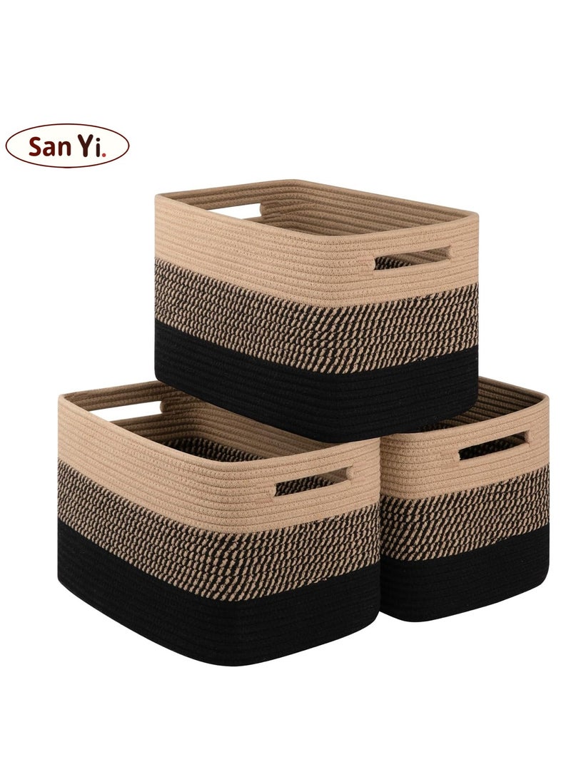 San Yi Storage Basket for Organizing, Woven Baskets for Storage, Hand-stitched，Rectangle Decorative Baskets for Shleves, Closet, Toys, Books, Towel Baskets for Bathroom - Pack of 3  (Black & Brown)  - Image 2